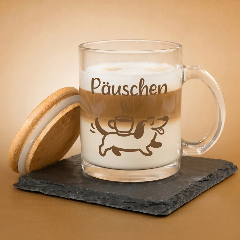 Personalisierte Tasse aus Glas mit Holz Deckel | Teeglas mit Name & Dackel Motiv