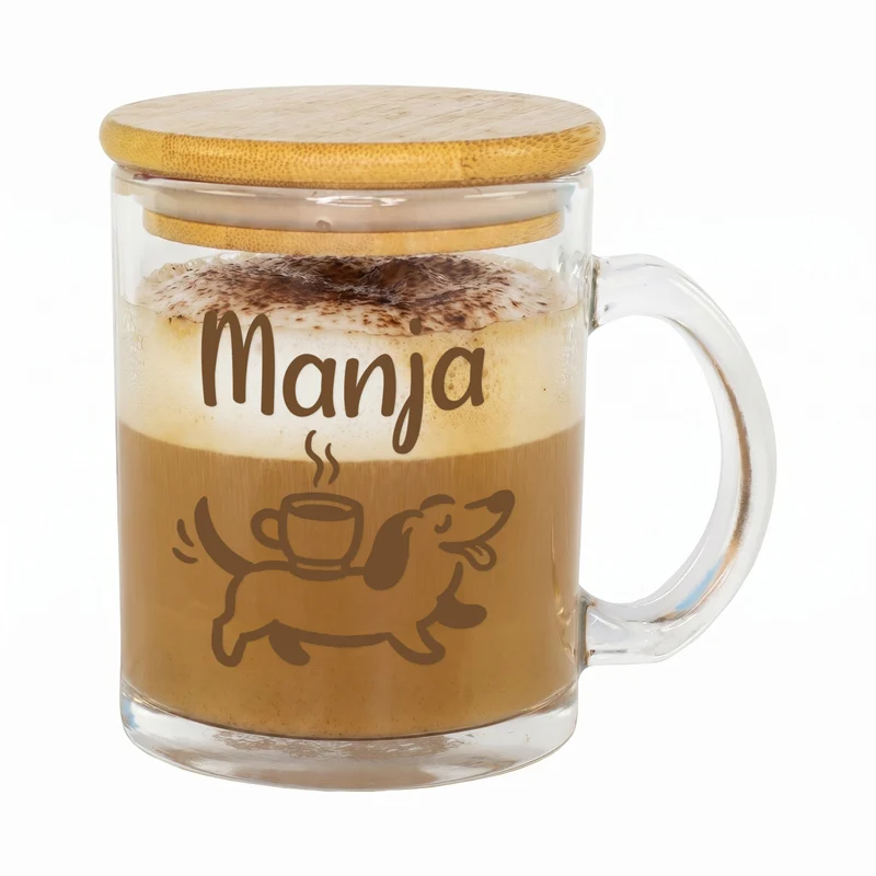 Personalisierte Tasse aus Glas mit Holz Deckel | Teeglas mit Name & Dackel Motiv