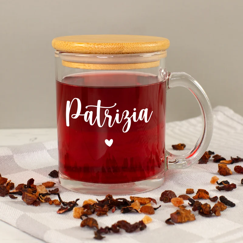 Personalisiertes Teeglas mit Holz Deckel | Tasse aus Glas mit Name als Geschenkidee