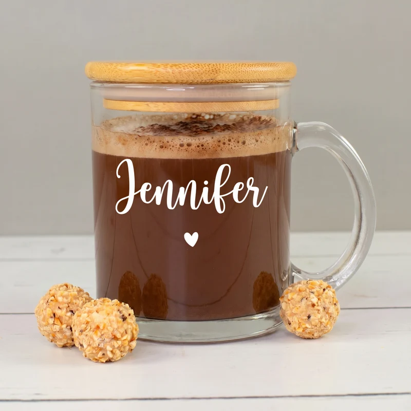 Personalisiertes Teeglas mit Holz Deckel | Tasse aus Glas mit Name als Geschenkidee