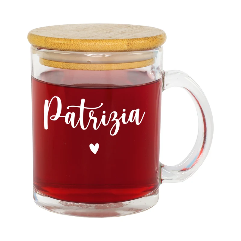 Personalisiertes Teeglas mit Holz Deckel | Tasse aus Glas mit Name als Geschenkidee
