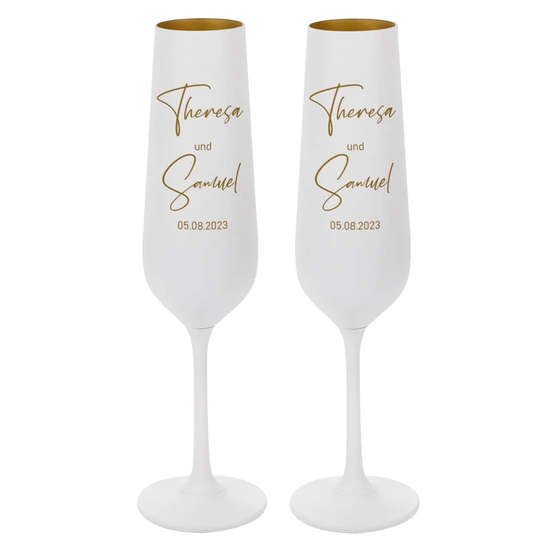 2er Set goldene Sektgläser zur Hochzeit mit modernem Motiv
