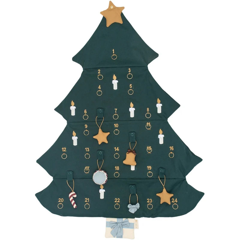 Adventskalender Weihnachtsbaum aus Bio Baumwolle, gestickte Motive