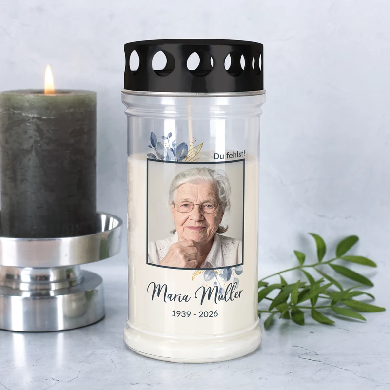 Personalisiertes Grablicht mit Foto, Name & Datum | 2 Größen