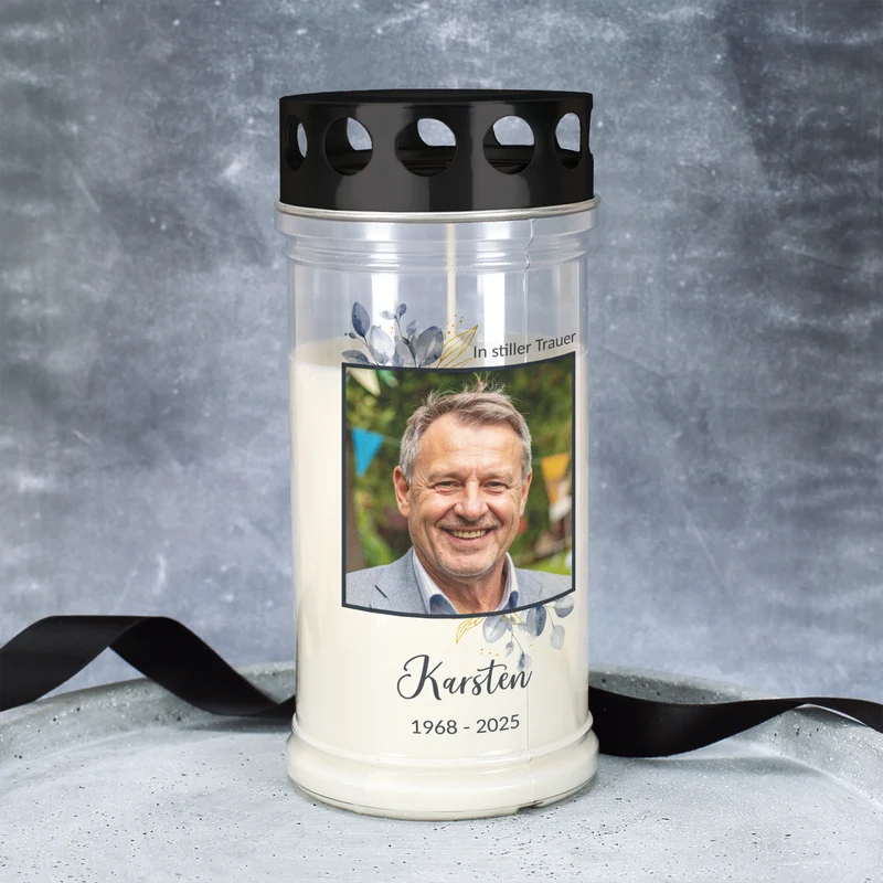 Personalisiertes Grablicht mit Foto, Name & Datum | 2 Größen