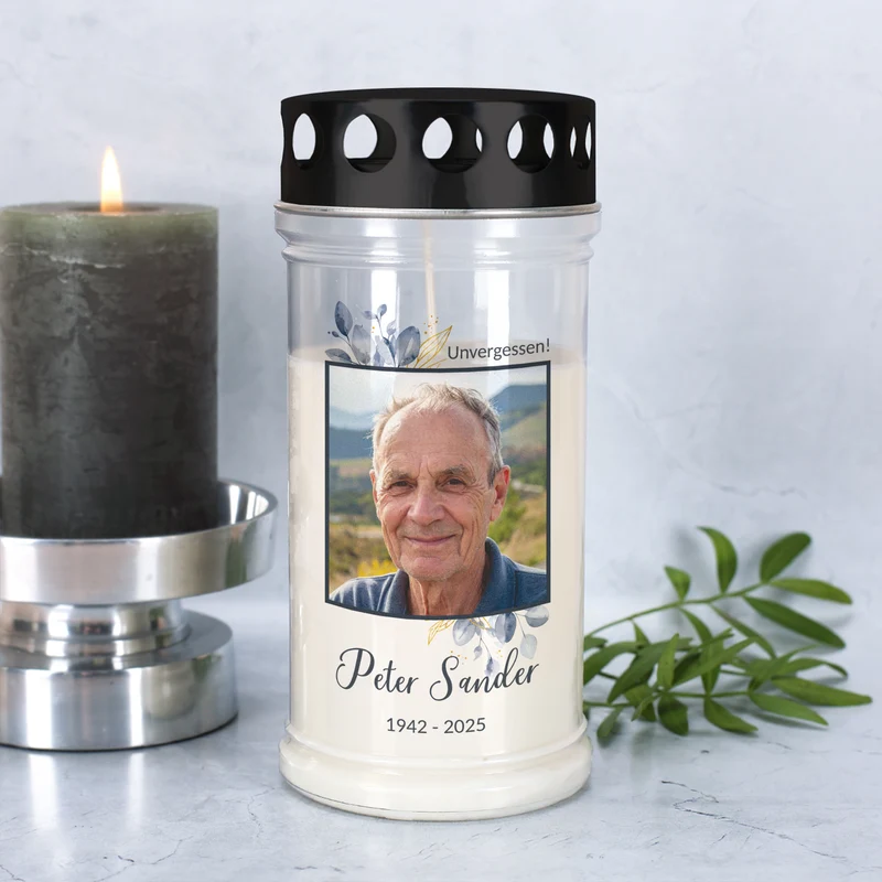 Personalisiertes Grablicht mit Foto, Name & Datum | 2 Größen