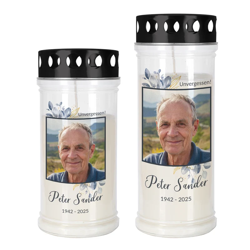 Personalisiertes Grablicht mit Foto, Name & Datum | 2 Größen