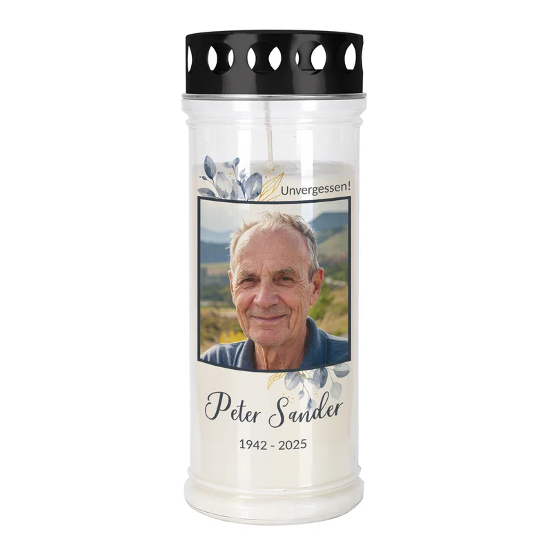 Personalisiertes Grablicht mit Foto, Name & Datum | 2 Größen