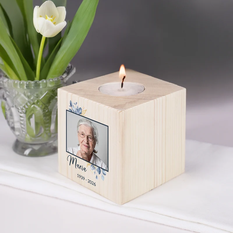Teelichthalter als Trauerkerze mit Foto, Name & Datum | Personalisiert