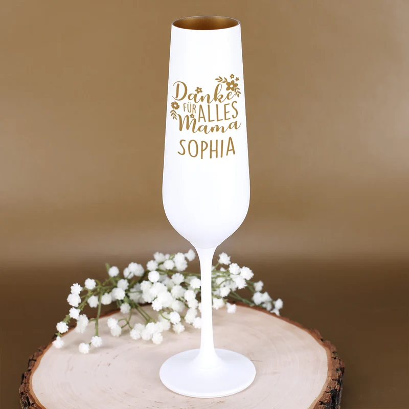 Personalisiertes Sektglas graviert mit Name zum Muttertag oder Geburtstag | Weiß-Gold | Danke Mama