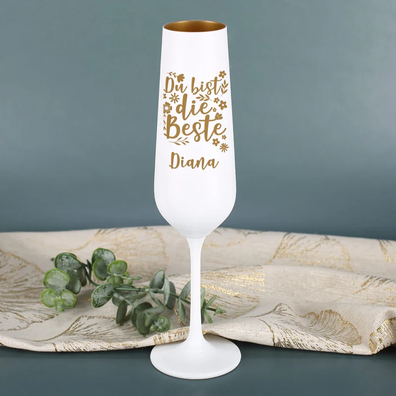 Edles Sektglas graviert mit Namen für Mama oder beste Freundin | Weiß-Gold | Du bist die Beste