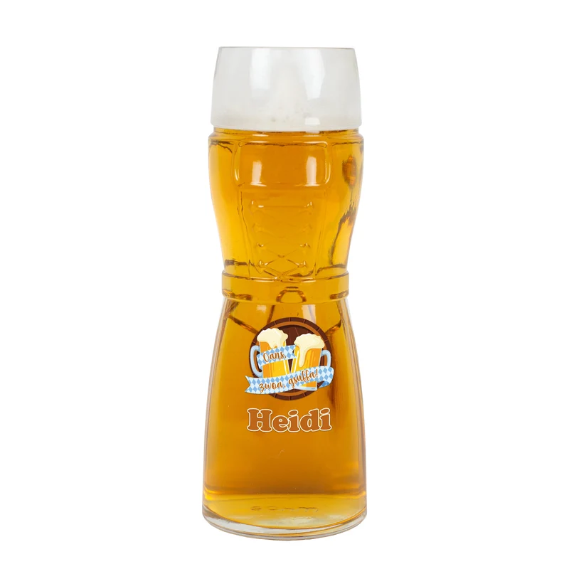 Personalisiertes Bierglas im Design einer Lederhose oder Dirndl mit Name | Oans, zwoa, gsuffa!