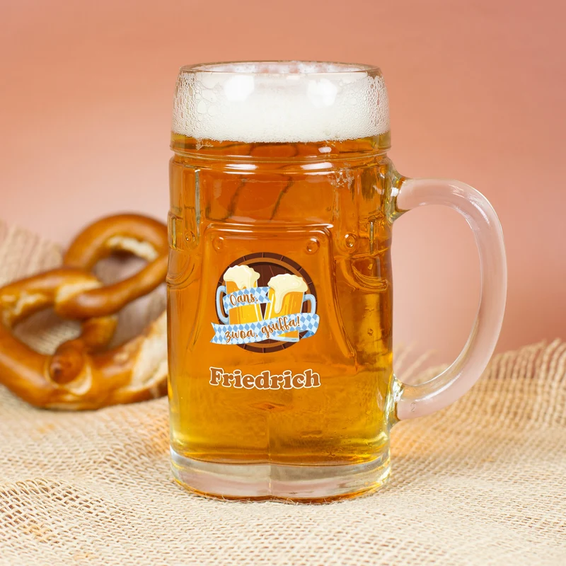 Personalisierter Bierkrug im Lederhosen Design | Oans, zwoa, gsuffa! Bierglas mit Name 0,5l