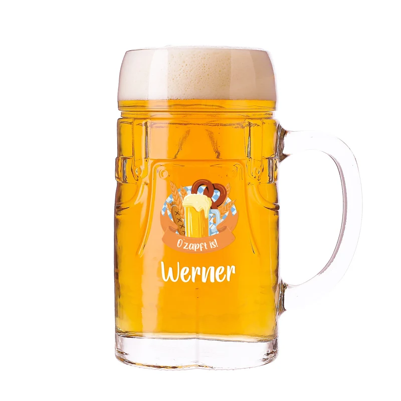 Personalisierter Bierkrug im Lederhosen Design mit bayerischem Festmotiv | Bierglas mit Name 0,5l