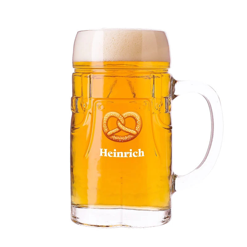 Personalisierter Bierkrug im Lederhosen Design mit Brezel Motiv | Bierglas mit Name 0,5l