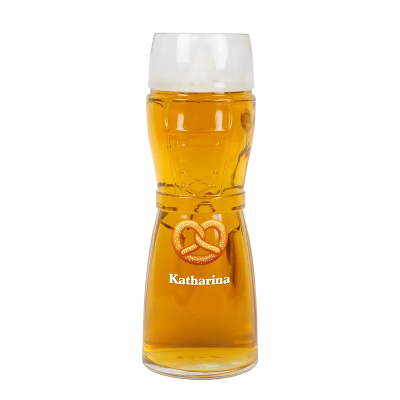 Personalisiertes Bierglas im Design einer Lederhose oder Dirndl mit Name | Brezel Motiv