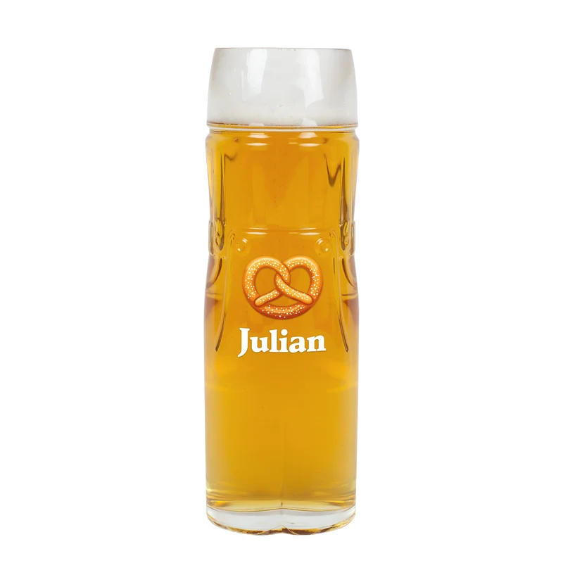 Personalisiertes Bierglas im Design einer Lederhose oder Dirndl mit Name | Brezel Motiv