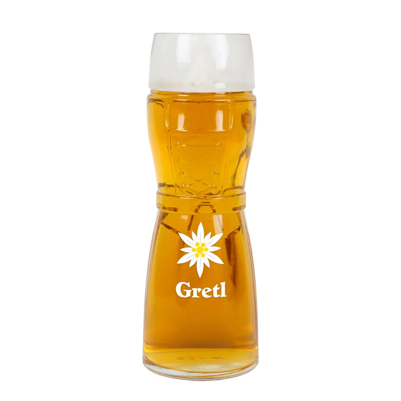 Personalisiertes Bierglas im Design einer Lederhose oder Dirndl mit Name | Edelweiß Motiv