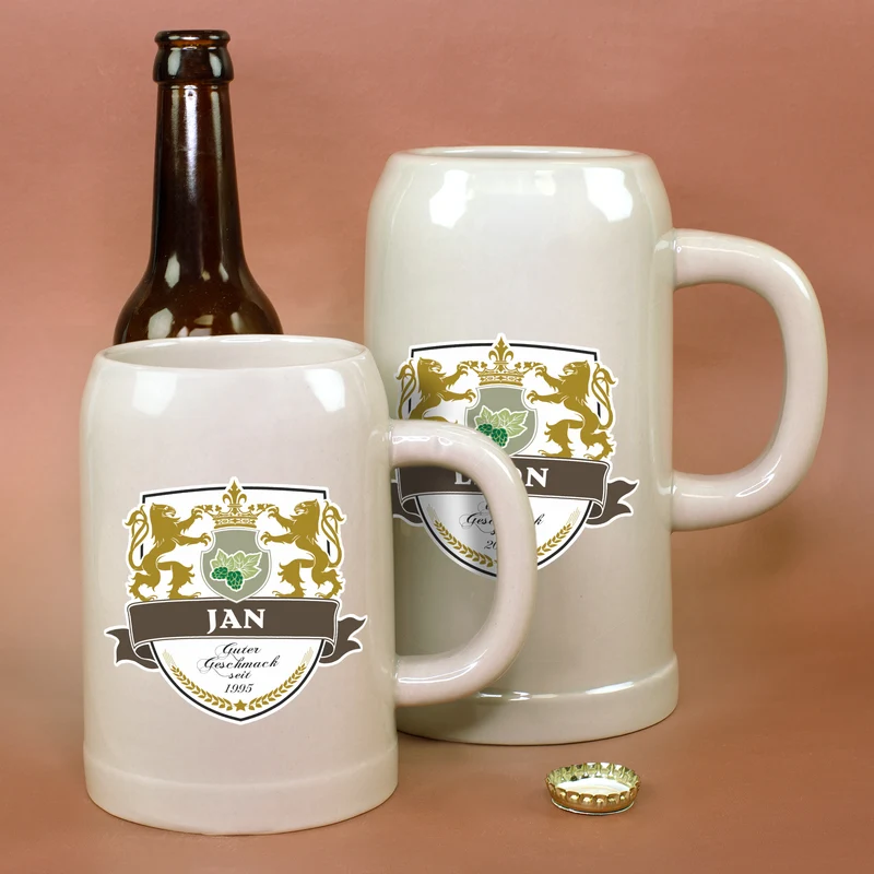 Keramik Bierkrug 'Löwen' personalisiert mit Name & Jahr | Steingut Bierglas 0,5 oder 1 Liter