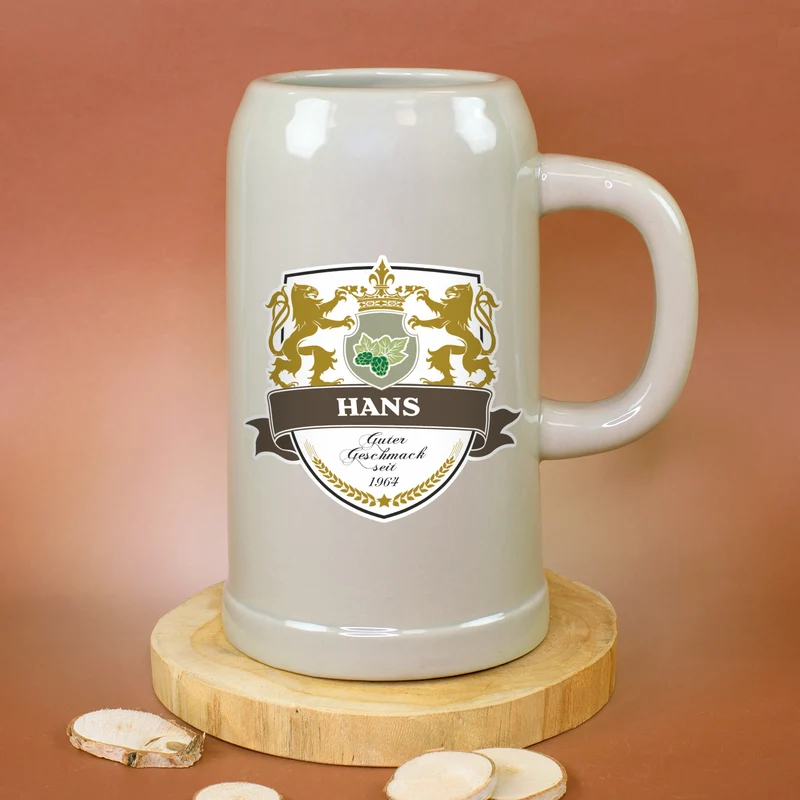 Keramik Bierkrug 'Löwen' personalisiert mit Name & Jahr | Steingut Bierglas 0,5 oder 1 Liter