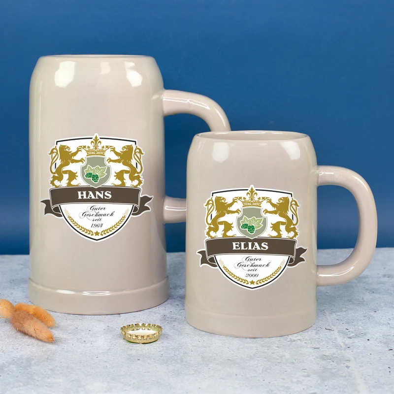 Keramik Bierkrug 'Löwen' personalisiert mit Name & Jahr | Steingut Bierglas 0,5 oder 1 Liter