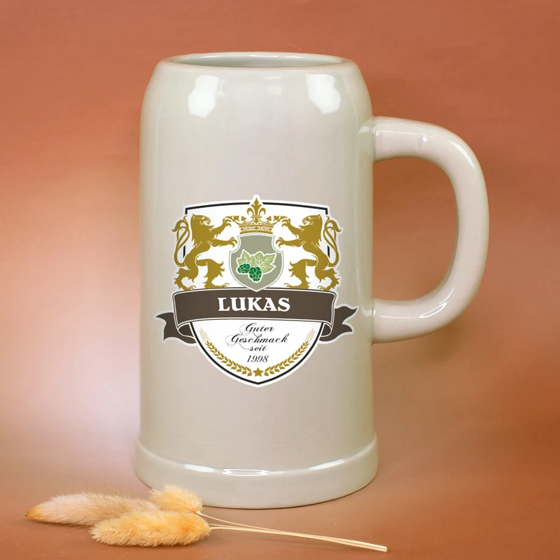 Keramik Bierkrug 'Löwen' personalisiert mit Name & Jahr | Steingut Bierglas 0,5 oder 1 Liter