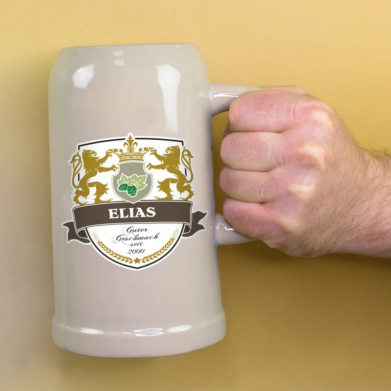 Keramik Bierkrug 'Löwen' personalisiert mit Name & Jahr | Steingut Bierglas 0,5 oder 1 Liter