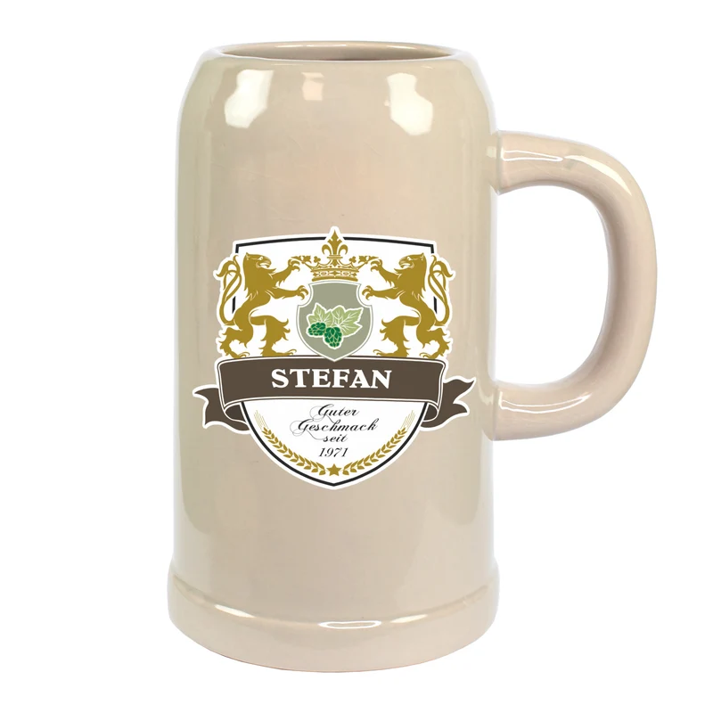 Keramik Bierkrug 'Löwen' personalisiert mit Name & Jahr | Steingut Bierglas 0,5 oder 1 Liter