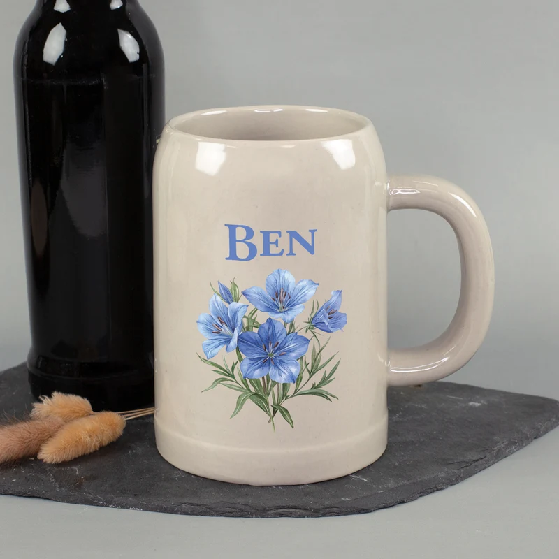 Personalisierter Keramik Bierkrug 'Enzian' mit Name | Steingut Bierglas 0,5 oder 1 Liter
