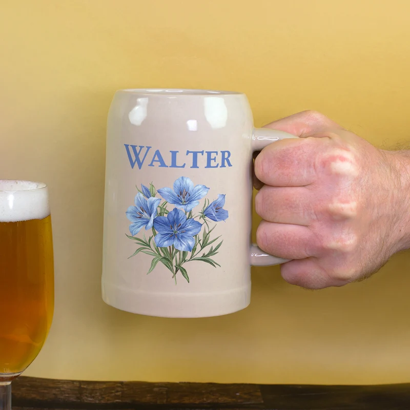 Personalisierter Keramik Bierkrug 'Enzian' mit Name | Steingut Bierglas 0,5 oder 1 Liter