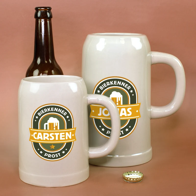 Steingut Bierkrug 'Bierkenner' personalisiert mit Name | Keramik Bierglas 0,5 oder 1 Liter