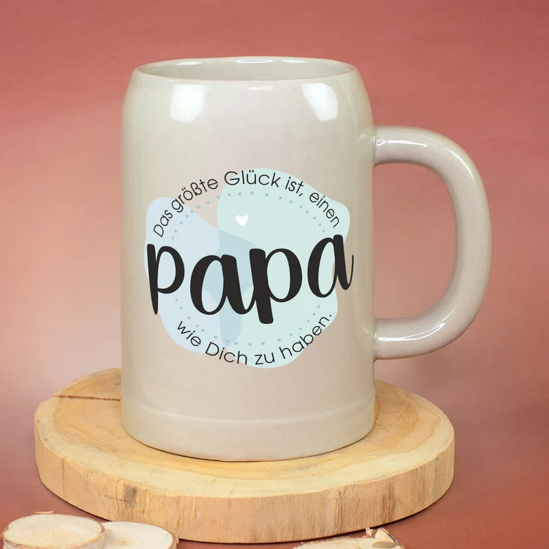 Keramik Bierkrug 'Papa Glück' als Geschenk für Väter | Steingut Bierglas 0,5 oder 1 Liter