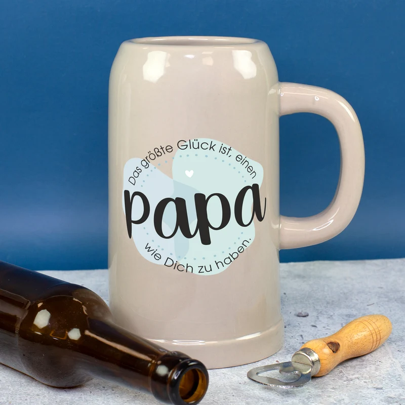 Keramik Bierkrug 'Papa Glück' als Geschenk für Väter | Steingut Bierglas 0,5 oder 1 Liter