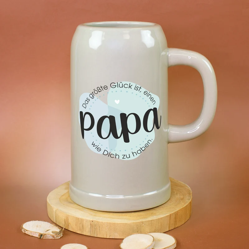 Keramik Bierkrug 'Papa Glück' als Geschenk für Väter | Steingut Bierglas 0,5 oder 1 Liter
