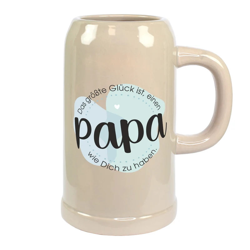 Keramik Bierkrug 'Papa Glück' als Geschenk für Väter | Steingut Bierglas 0,5 oder 1 Liter