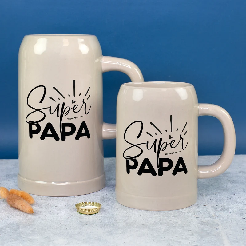 Steingut Bierkrug 'Super Papa' als Geschenk für Väter | Keramik Bierglas 0,5 oder 1 Liter