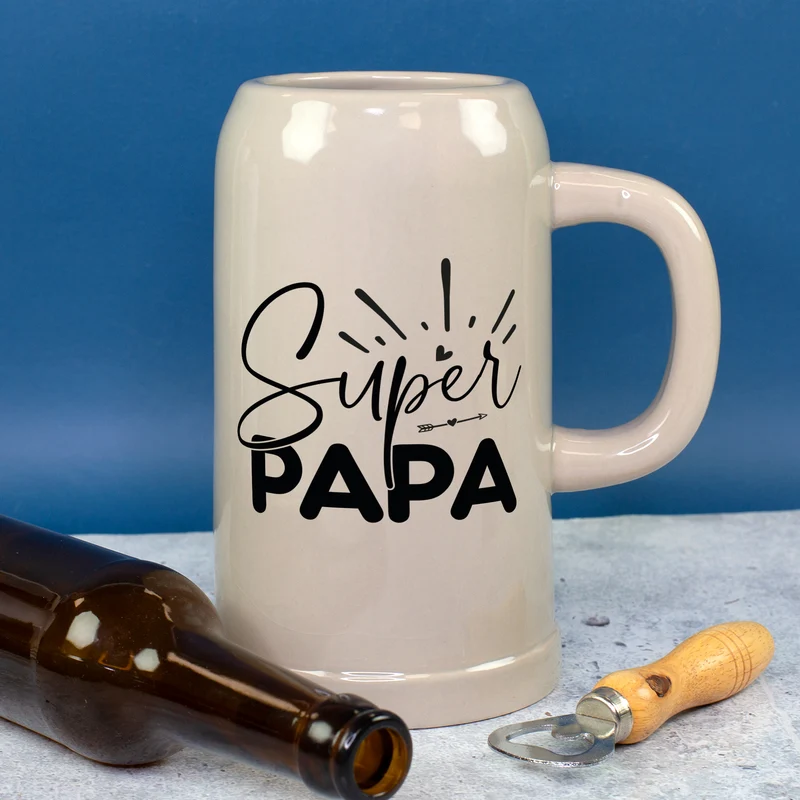 Steingut Bierkrug 'Super Papa' als Geschenk für Väter | Keramik Bierglas 0,5 oder 1 Liter