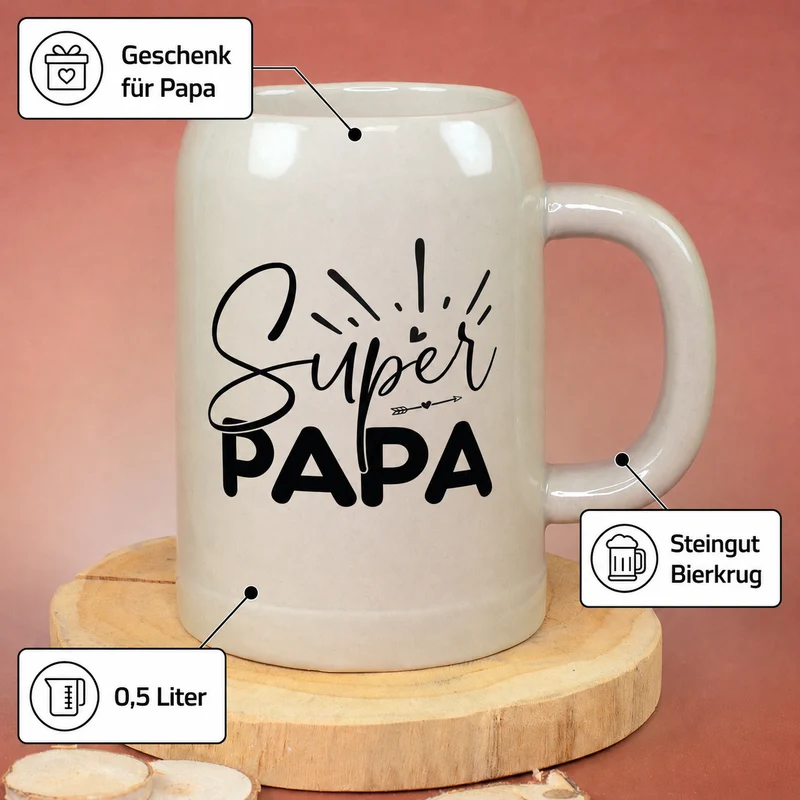 Steingut Bierkrug 'Super Papa' als Geschenk für Väter | Keramik Bierglas 0,5 oder 1 Liter