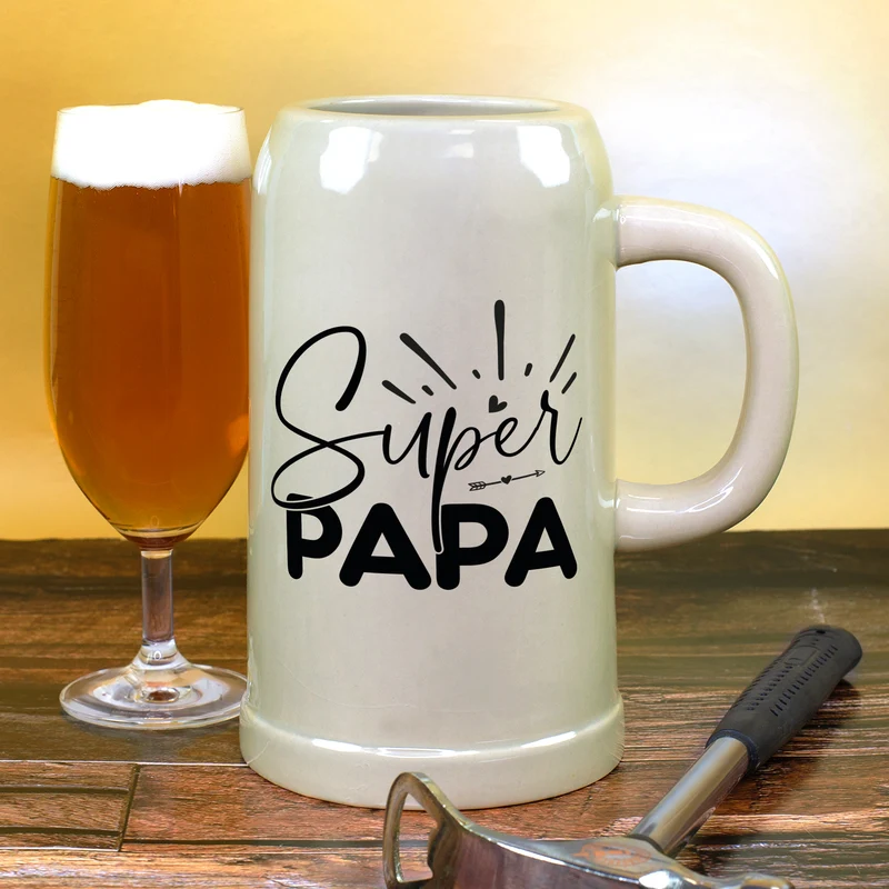 Steingut Bierkrug 'Super Papa' als Geschenk für Väter | Keramik Bierglas 0,5 oder 1 Liter