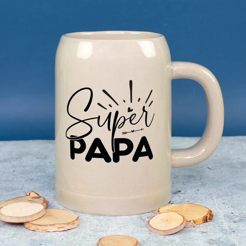Steingut Bierkrug 'Super Papa' als Geschenk für Väter | Keramik Bierglas 0,5 oder 1 Liter