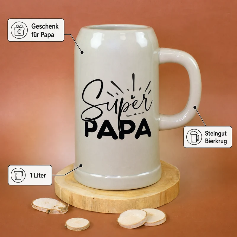 Steingut Bierkrug 'Super Papa' als Geschenk für Väter | Keramik Bierglas 0,5 oder 1 Liter