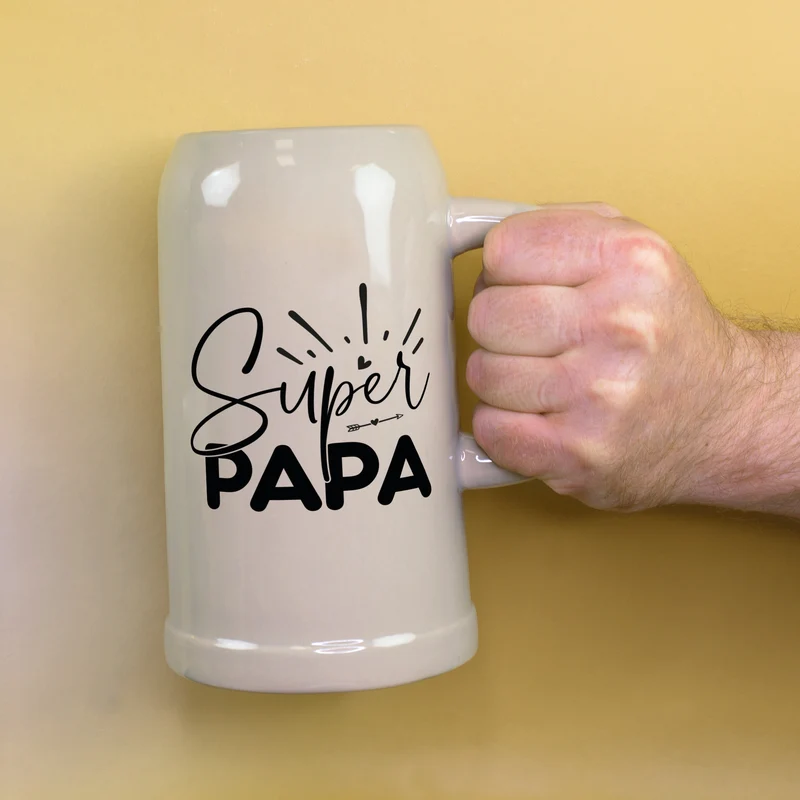 Steingut Bierkrug 'Super Papa' als Geschenk für Väter | Keramik Bierglas 0,5 oder 1 Liter