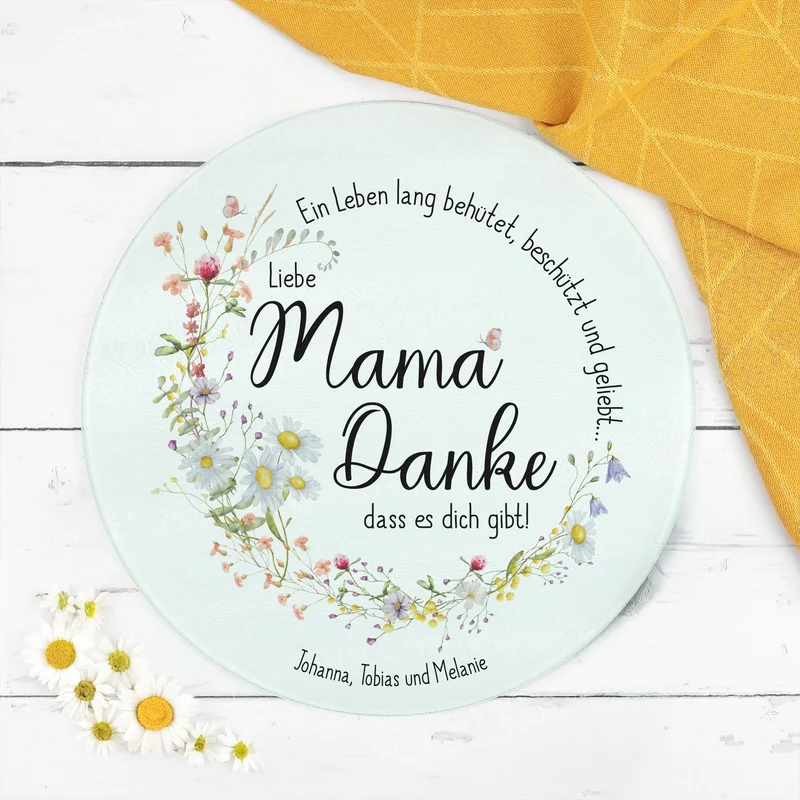Personalisierbares Glasbrettchen „Mama, Danke!“ mit Wiesenblumen & Spruchkreis