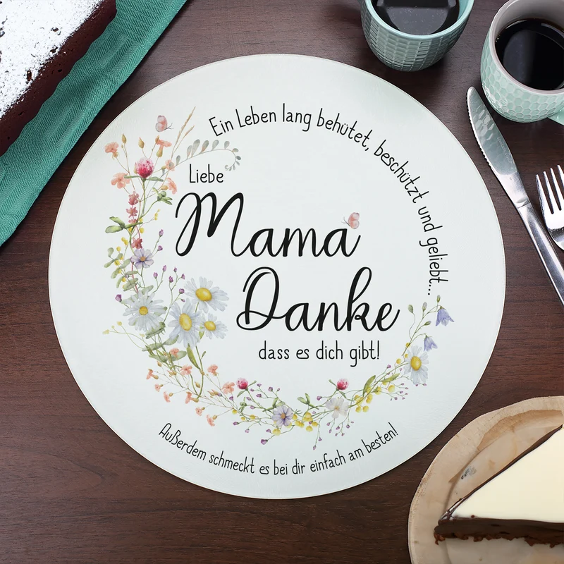 Personalisierbares Glasbrettchen „Mama, Danke!“ mit Wiesenblumen & Spruchkreis