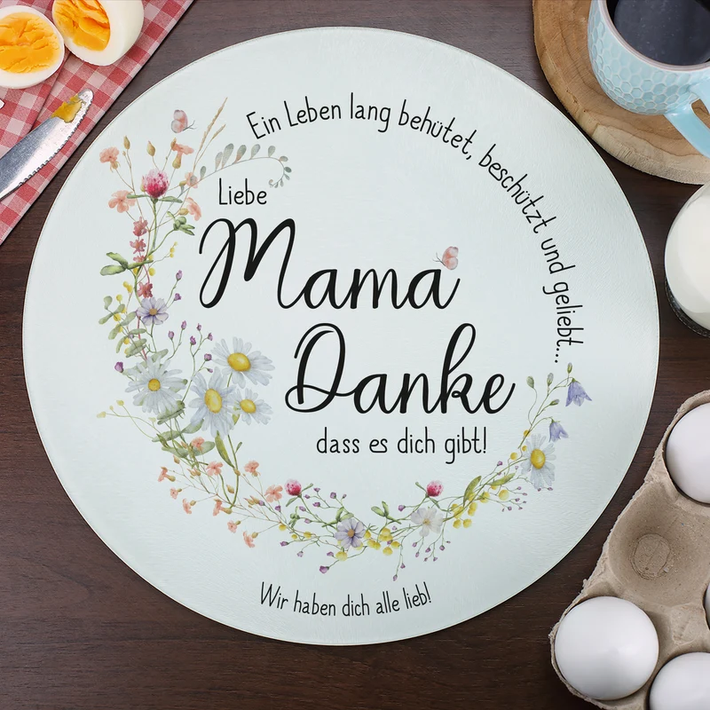 Personalisierbares Glasbrettchen „Mama, Danke!“ mit Wiesenblumen & Spruchkreis