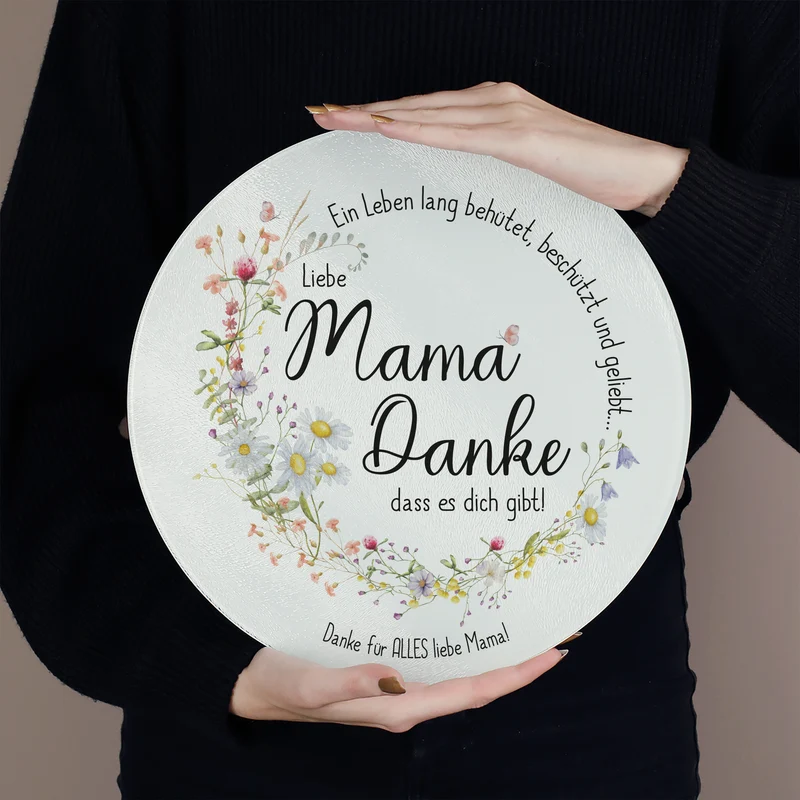 Personalisierbares Glasbrettchen „Mama, Danke!“ mit Wiesenblumen & Spruchkreis