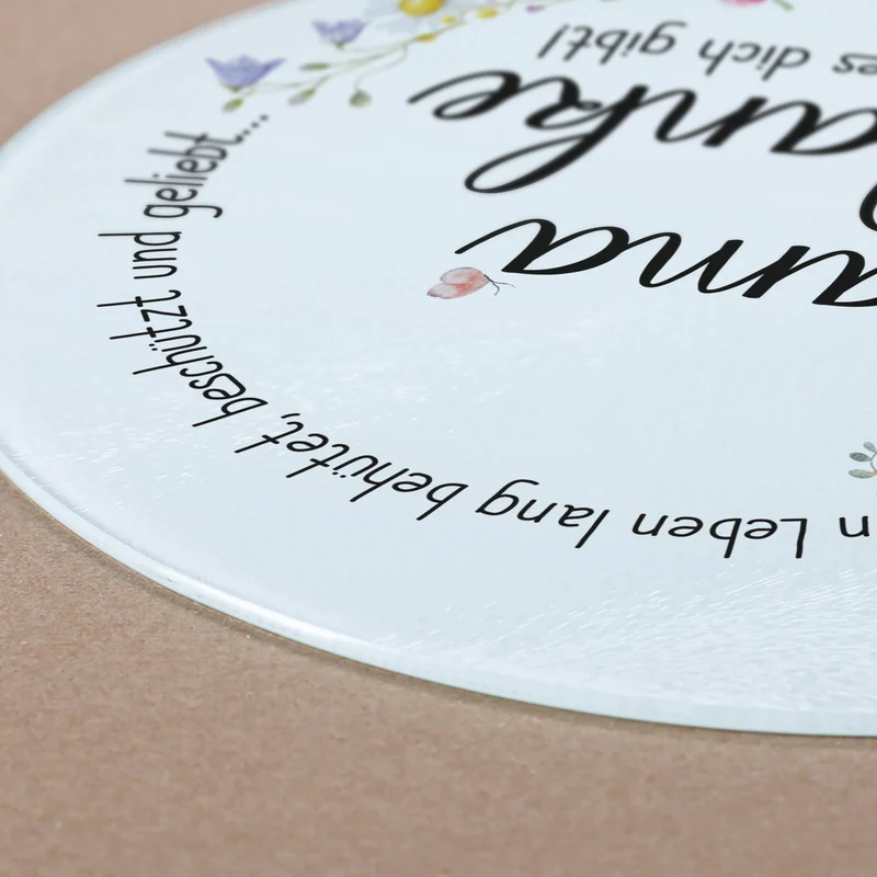 Personalisierbares Glasbrettchen „Mama, Danke!“ mit Wiesenblumen & Spruchkreis