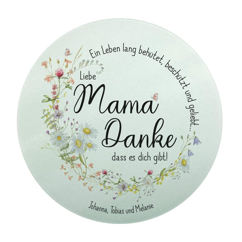 Personalisierbares Glasbrettchen „Mama, Danke!“ mit Wiesenblumen & Spruchkreis