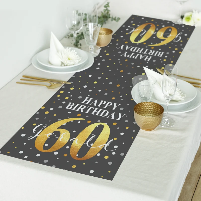 Personalisierter Tischläufer zum Geburtstag mit Name & Alter in Schwarz | Zwei Längen | Konfetti Motiv