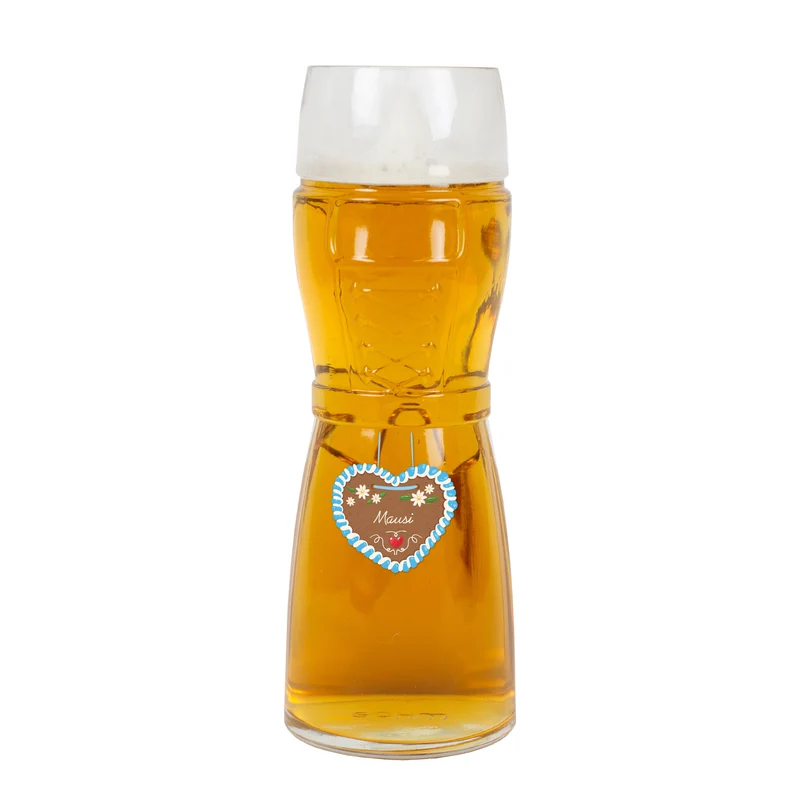 Personalisiertes Bierglas mit Name im Design einer Lederhose oder Dirndl und Lebkuchenherz Motiv